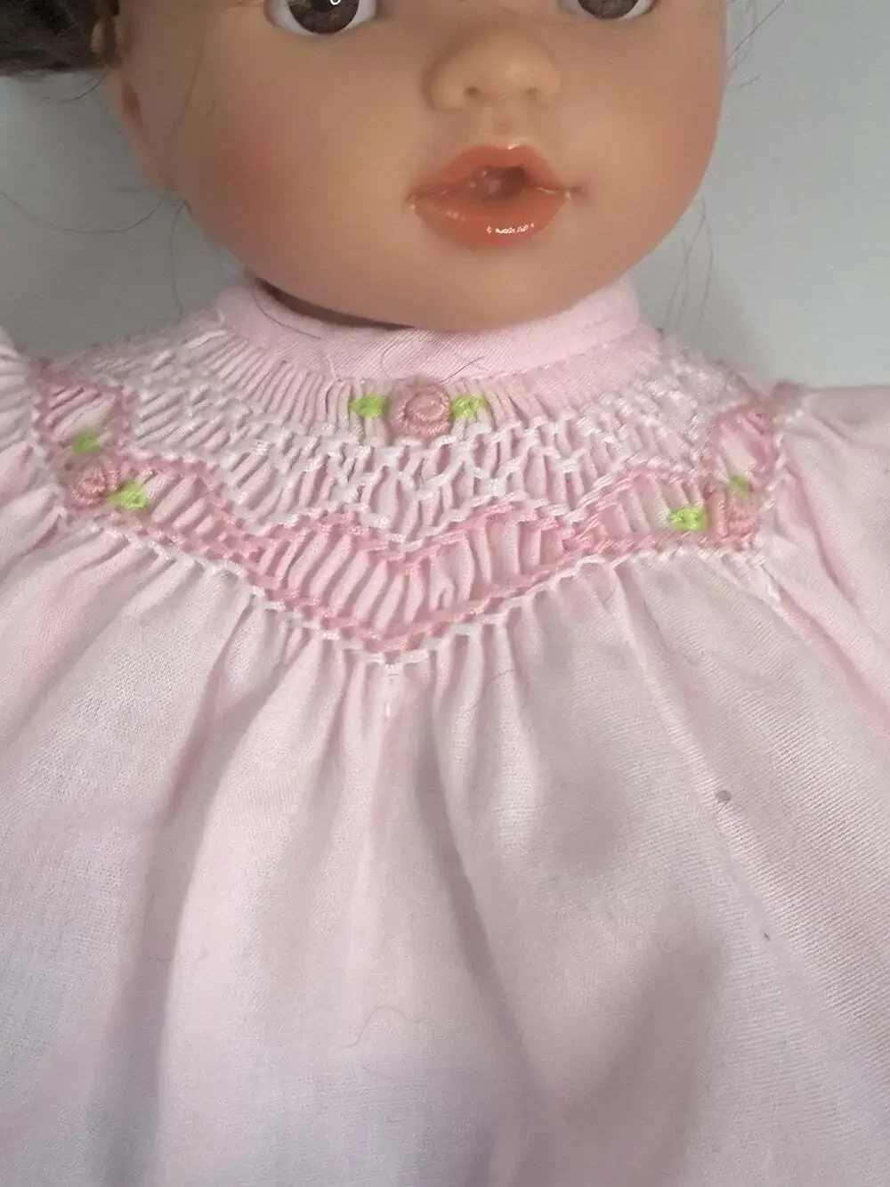 Rosalina Doll Pink Dress 10” Bella Brunette Brown Eyes Embroidered Dress